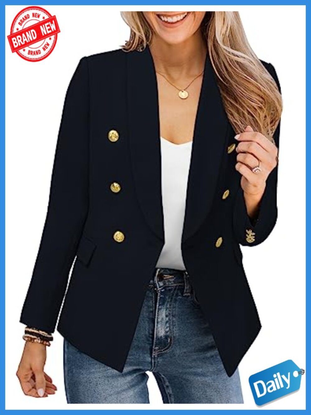 Women's Casual Blazer Gold Button Long Sleeve Work Office Suit Jacket